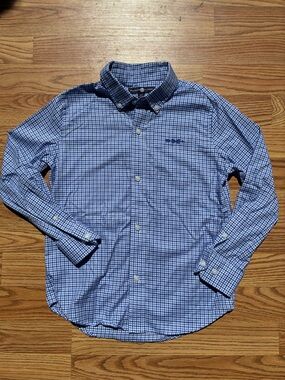 Boys Blue & White Checked Button-Down Shirt (Size 6/7)